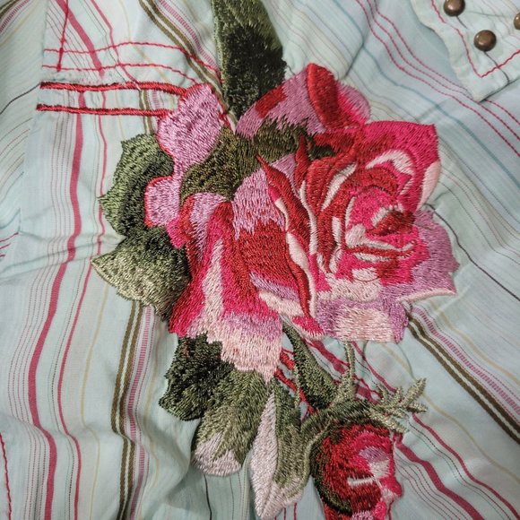 Johnny Was Green Striped Floral Embroidered Long Sleeve Button Down Shirt XL - Picture 12 of 12